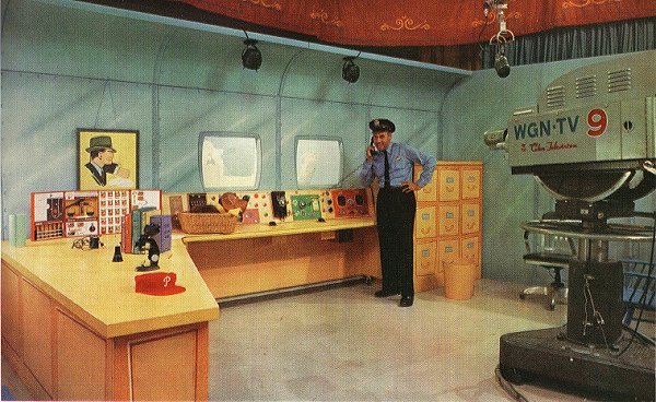 Behind the scenes at WGN's Dick Tracy Show with Ray Rayner hosting as Officer Pettibone